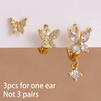 3PCS Elegant Butterfly CZ Charms Hoop Earrings Stainless Steel