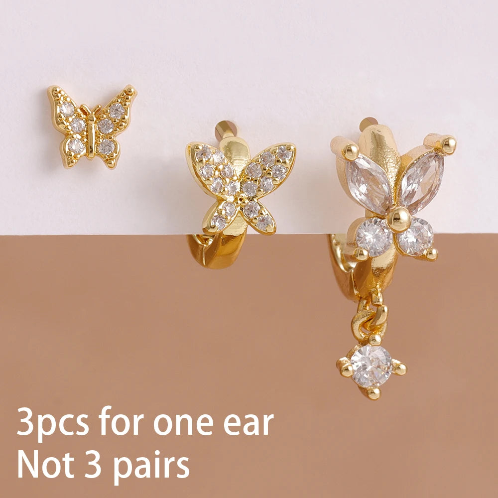 3PCS Elegant Butterfly CZ Charms Hoop Earrings Stainless Steel