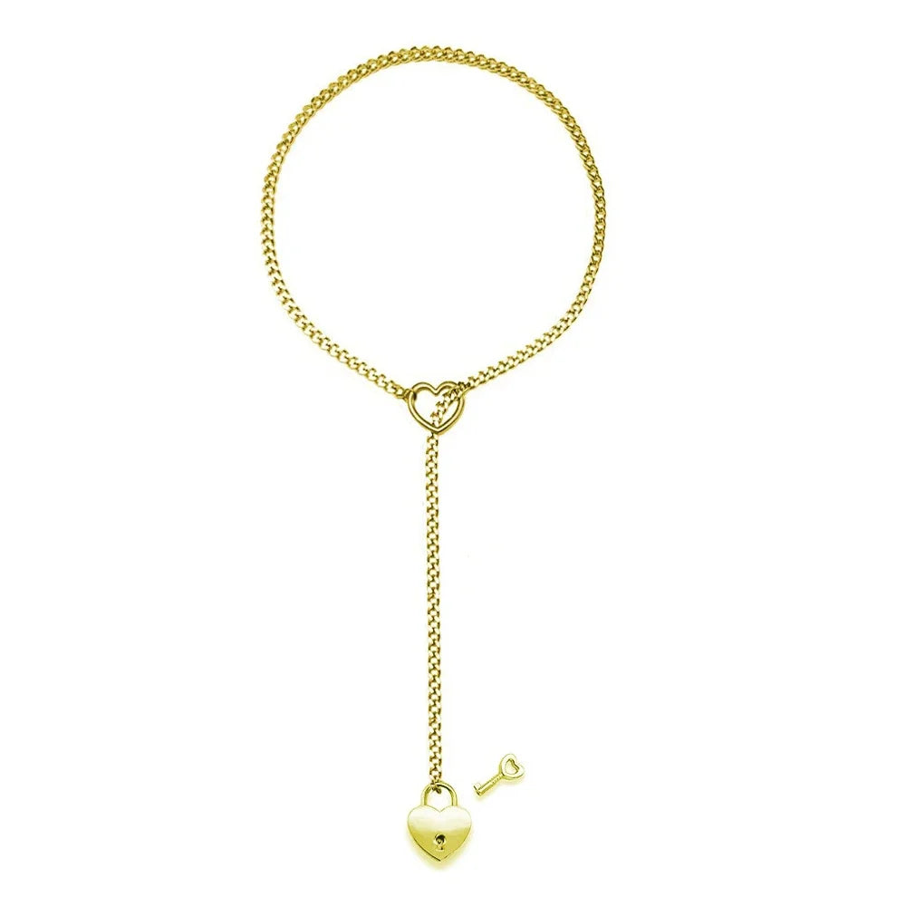 Womens Heart O-Ring Slip Chain Necklace Punk Rock Stainless Steel Cuban Long Necklace Jewelry Adjustable Lariat Y-Necklace Key