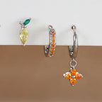 3PCS Stainless Steel Orange Zirconia Flower Pendant Hanging Earrings Set