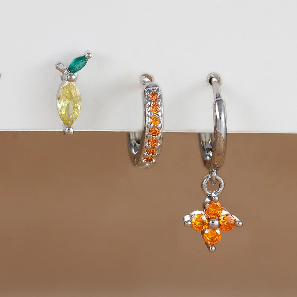 3PCS Stainless Steel Orange Zirconia Flower Pendant Hanging Earrings Set