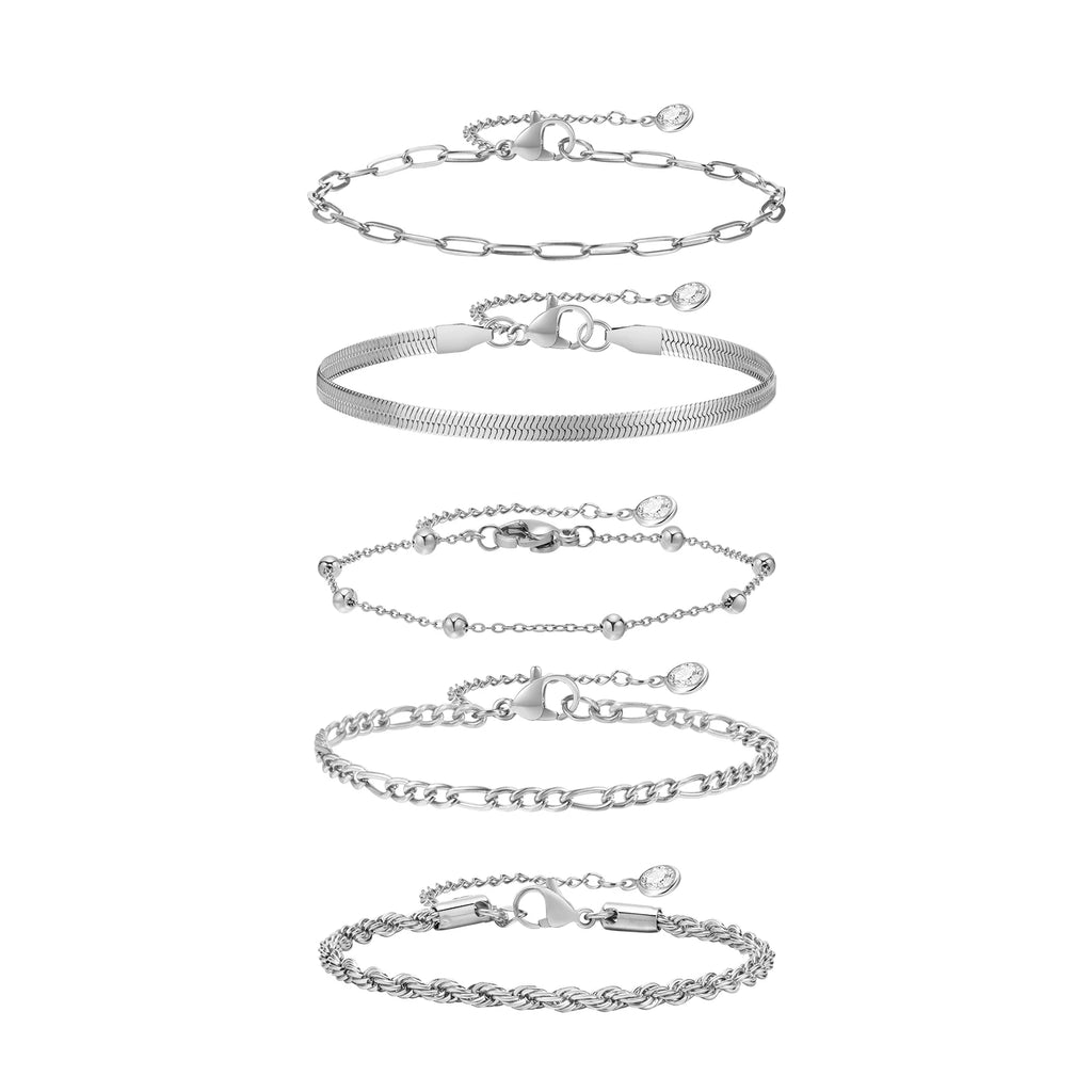 Gold Plated Bracelets Set for Women, 5pcs Chain Link Stainless Steel Statement Bracelet Stackable Layered Jewelry Adjustable