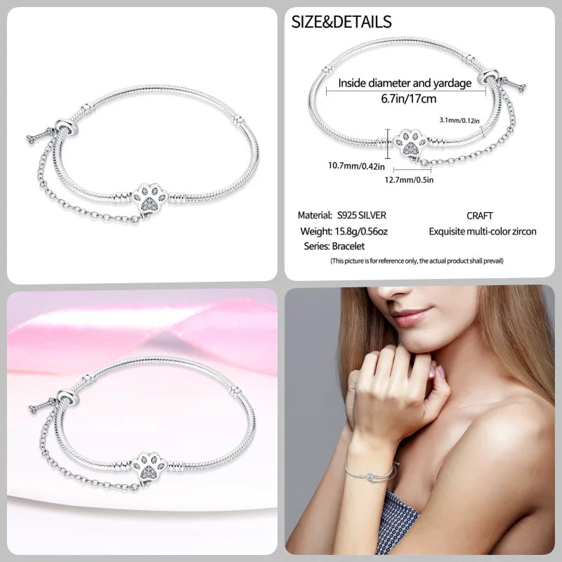 925 Silver 17-20CM Heart Pave Zirconia Original Bracelets Infinity Bracelet Fit DIY Charms Bead Birthday Jewelry Gifts Hot Sale
