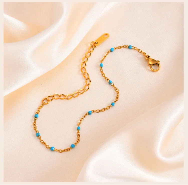 Stainless Steel Chain Bracelet for Women, Colorful Beads Summer 18k Gold Plated, Stainless Steel Waterproof Wrist Jewelry