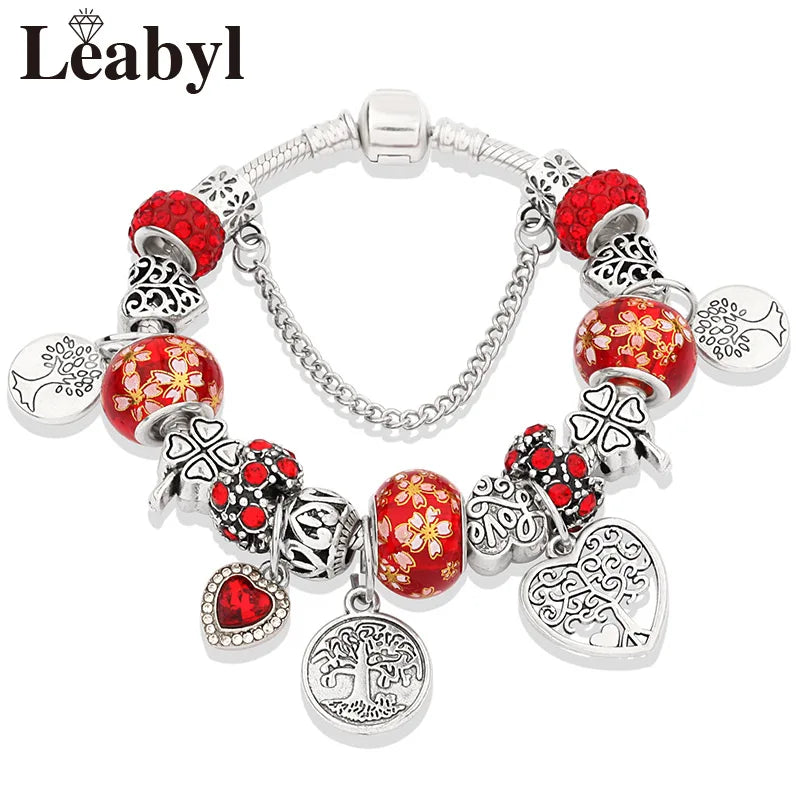Tibetan Silver Tree of Life Charm Bracelet Green Crystal Flower Bead DIY