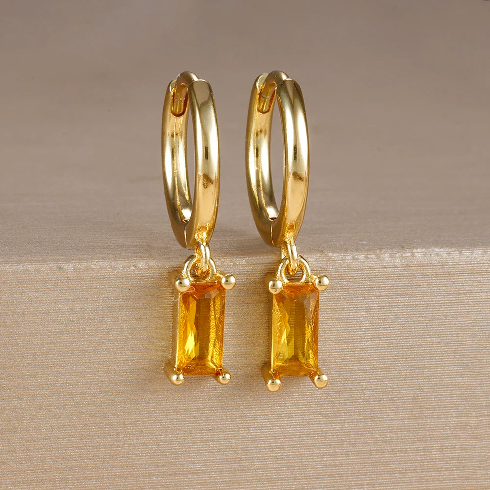 Exquisite Green Zircon Flower Hoop Earrings 18K Gold Plated Steel