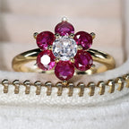 Charm Cherry Flower Rings For Women Rose Red Stone Cocktail Ring Wedding Bands Antique Gold Color CZ Engagement Party Jewelry
