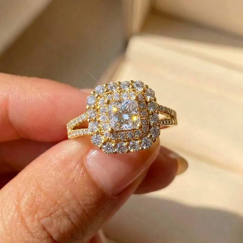 925 Sterling Silver Fashion Square Flashing Ring Geometric Luxury Inlaid AAA Cubic Zirconia