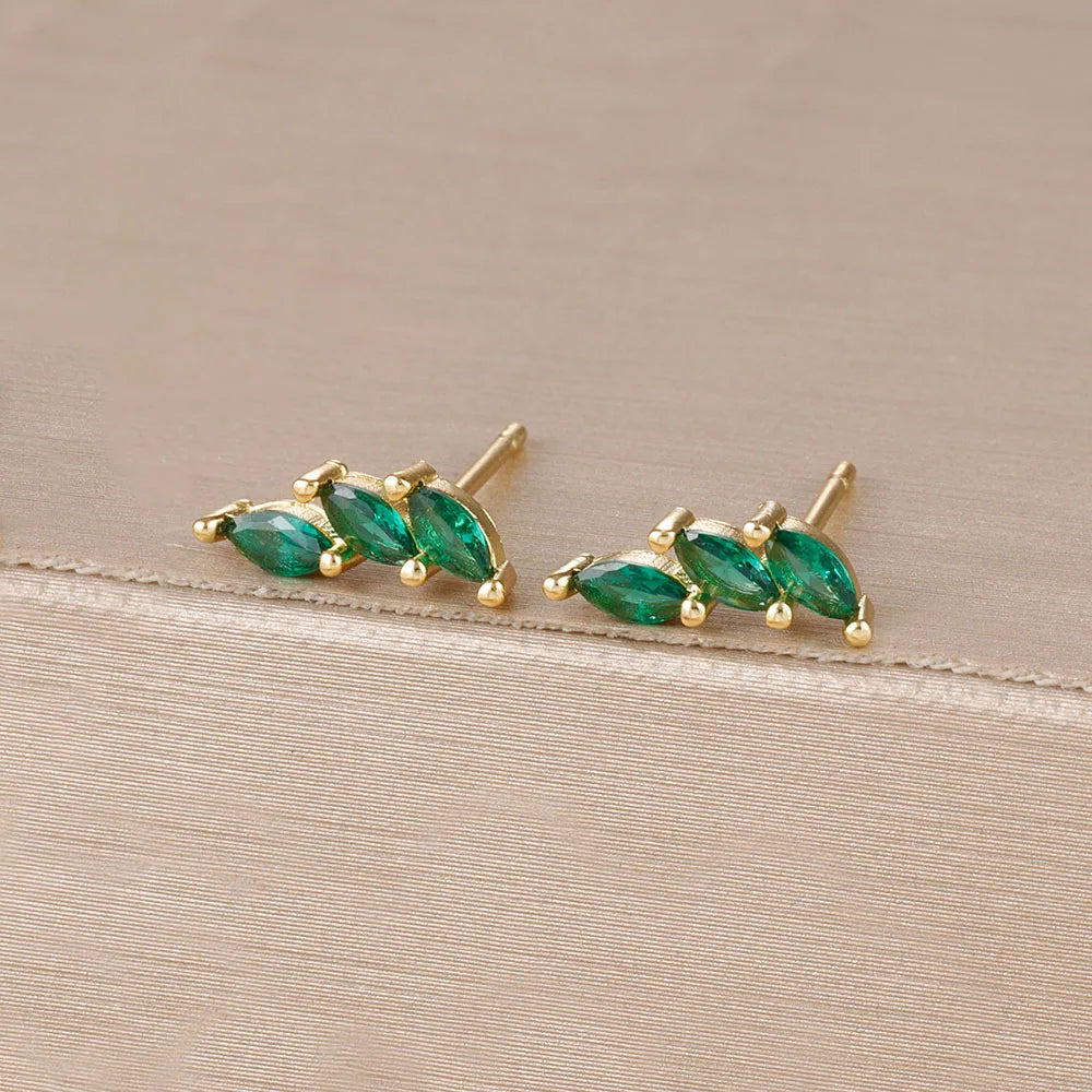 Exquisite Crystal Leaves Stud Earrings Stainless Steel Horse Eyes