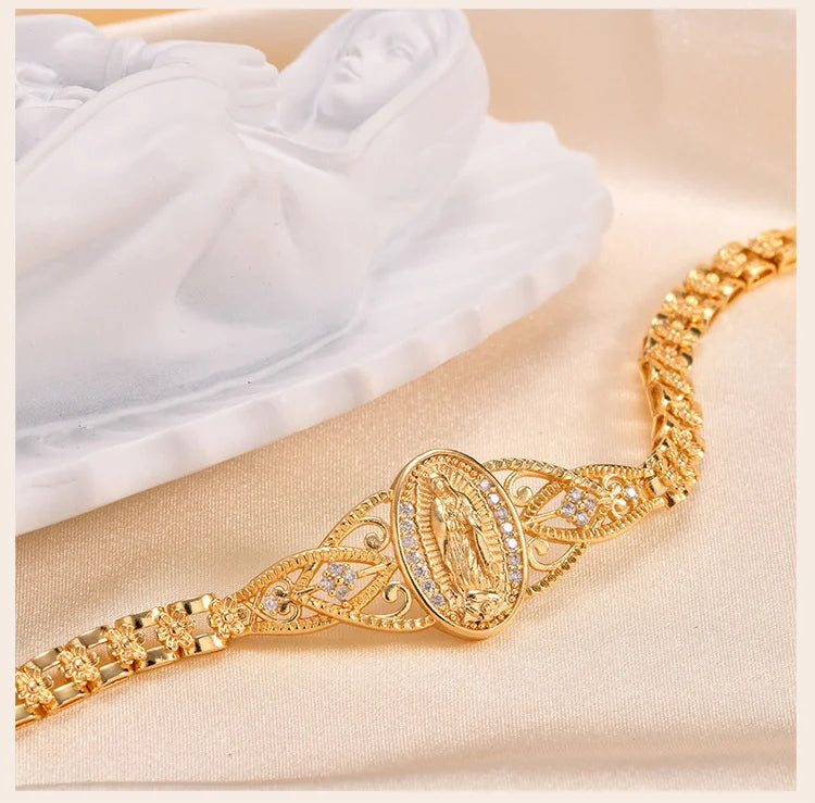 Guadalupe Virgin Mary Bracelet for Women, Zirconia Catholic Bracelet Bangle, Religious Baptism Hypoallergenic Non Tarnish