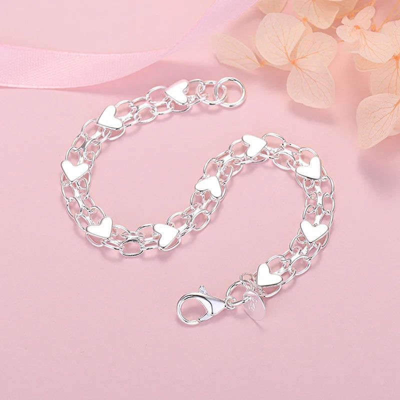 Romantic Heart Bracelet 925 Sterling Silver Women Valentine's Day Gift