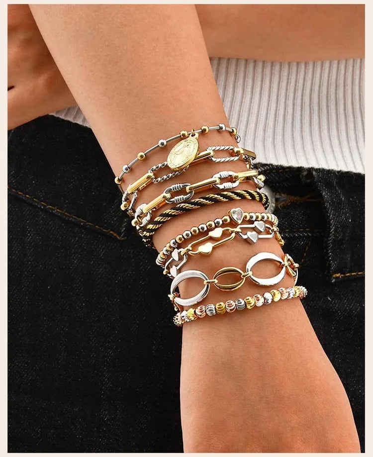 Two Tone Chain Bracelet for Women, Chunky Mixed Metal Link, Stainless Steel Waterproof Jewelry, Stylish Adjustable Wristband