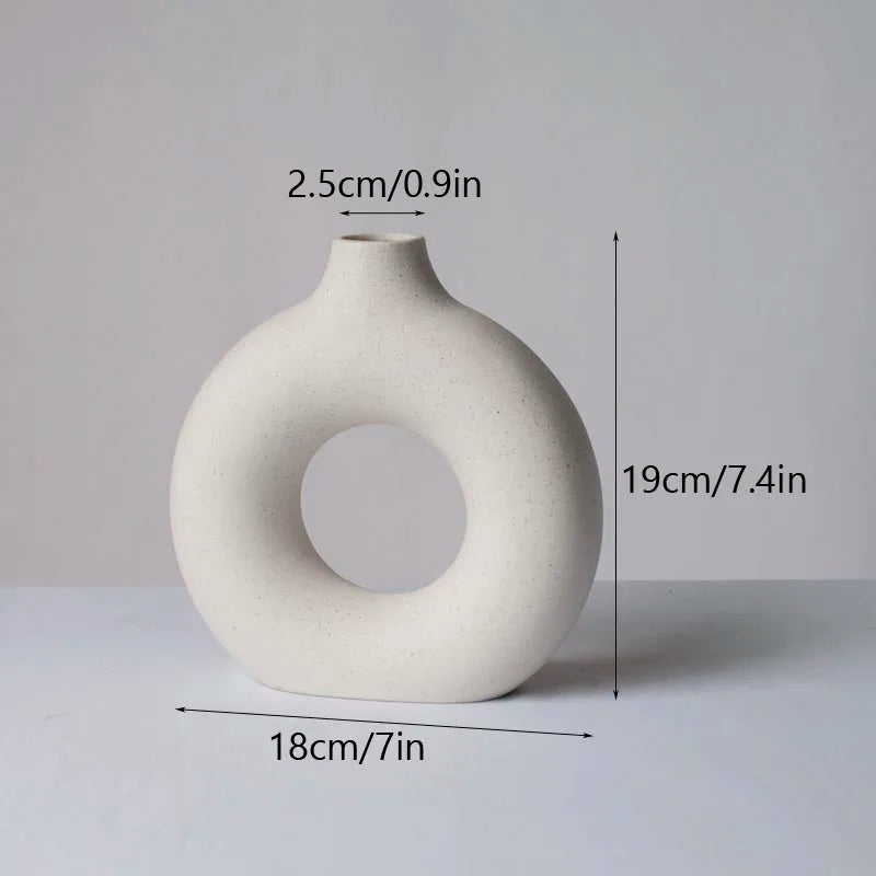 Circular Hollow Ceramic Vase Donuts Nordic Art Pampas Grass Home Decoration Office