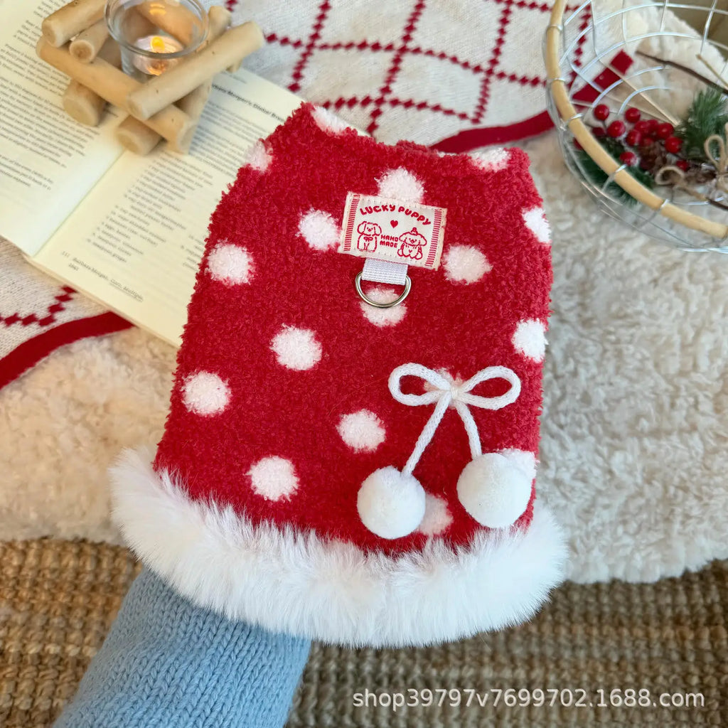 Cute Red Cherry Dog Vest, Soft Plush Pet Harness Vest with Leash Ring, Warm Puppy Kitten Clothing for Small Medium Cats Dogs