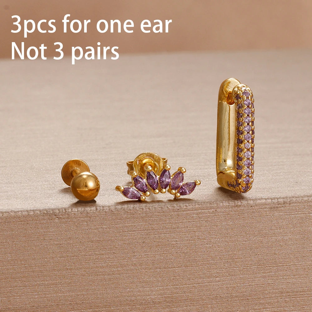 3pcs Purple Cubic Zirconia Piercing Earring Set Stainless Steel