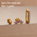 3pcs Purple Cubic Zirconia Piercing Earring Set Stainless Steel