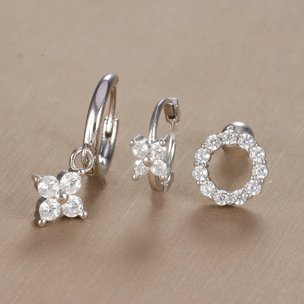 3PCS Vintage Design Four Flower Zircon Hoop Earrings Set Steel