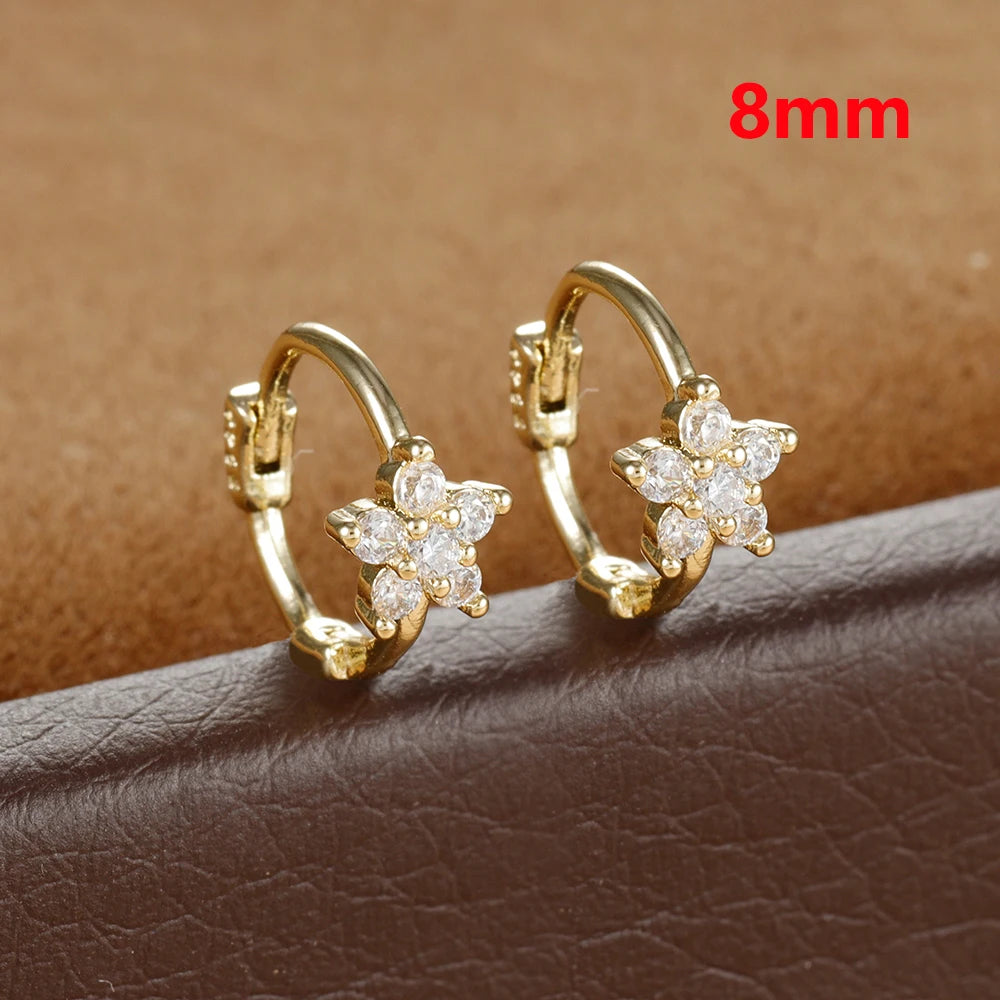 2PCS Huggies Hoop Earrings Stainless Steel Crystal Zirconia Flower