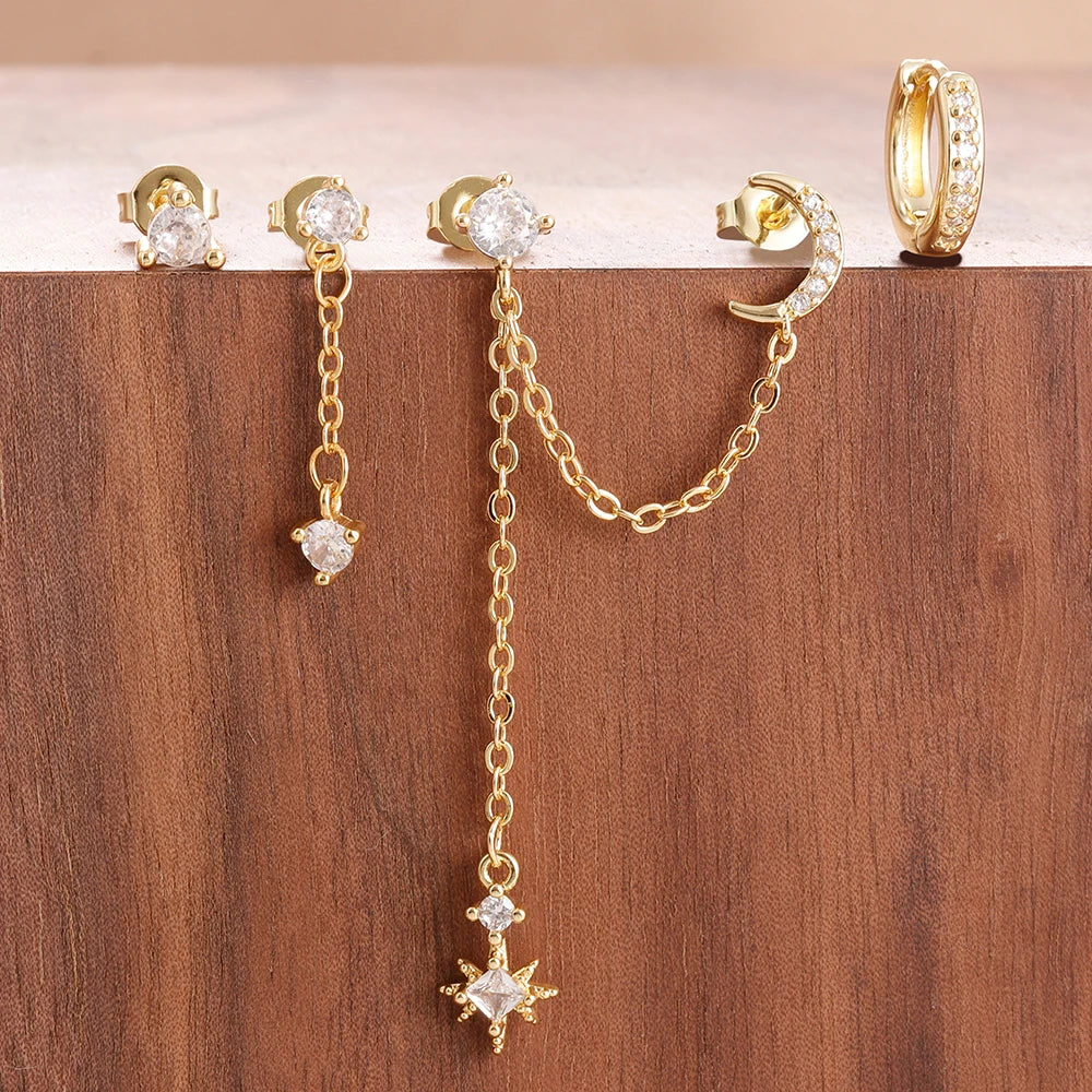 4PCS Women's Earrings Set Stainless Steel Zirconia Moon Star Punk