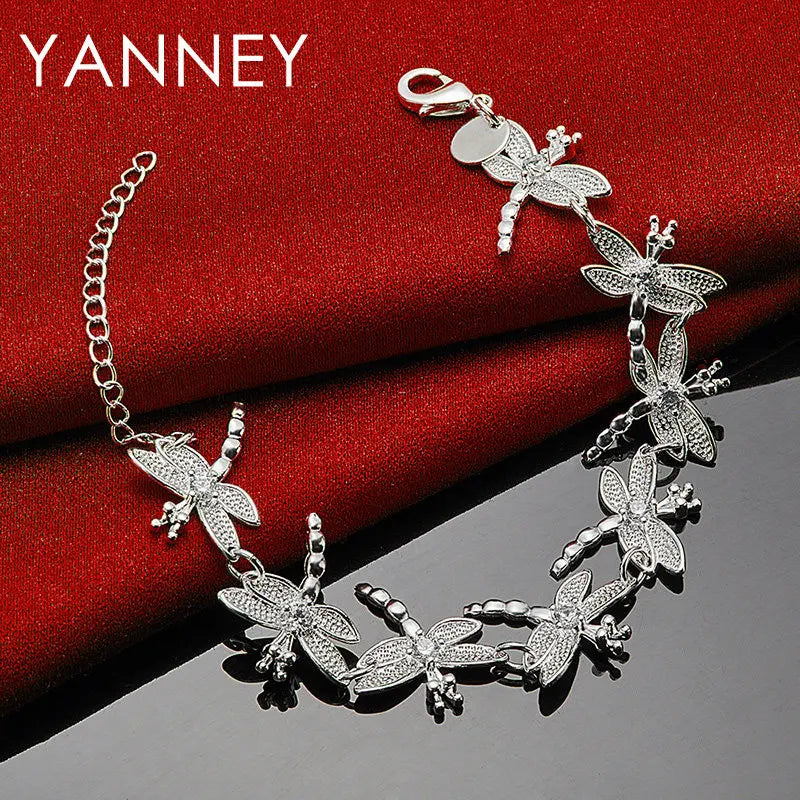 925 Sterling Silver 8-inch Dragonfly Bracelet Women Wedding Party Jewellery