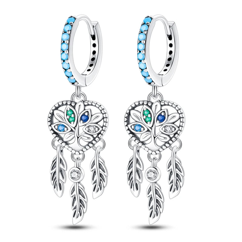 925 Sterling Silver Dreamcatcher Feather Ear Studs Hoop Earrings Jewellery Gift