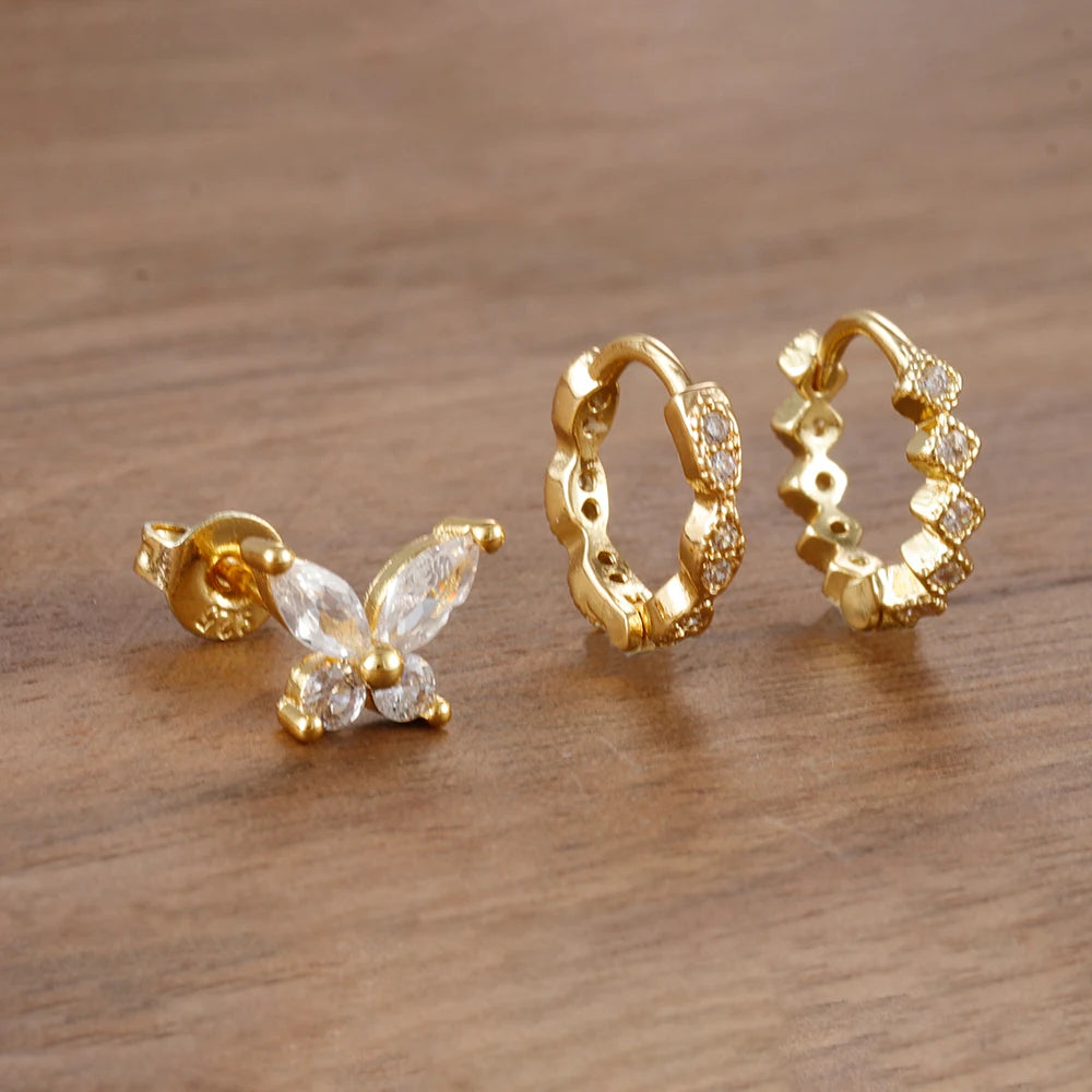 3Piece Stainless Steel Huggie Minimal Butterfly Hoop Earrings Heart