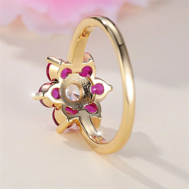 Charm Cherry Flower Rings For Women Rose Red Stone Cocktail Ring Wedding Bands Antique Gold Color CZ Engagement Party Jewelry