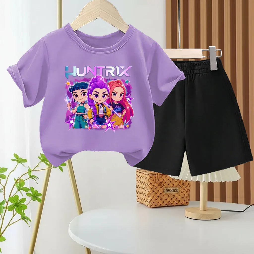 K-pop Girls Summer Casual Outfit Cartoon Print T-Shirt and Shorts Set
