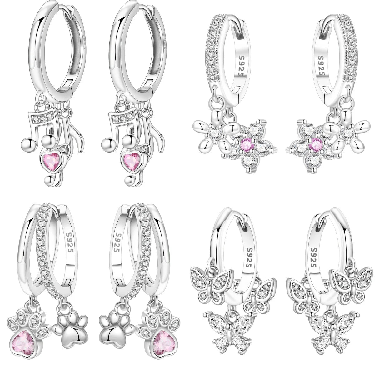 925 Sterling Silver Pink Heart Musical Note Drop Earrings Fashion Jewellery