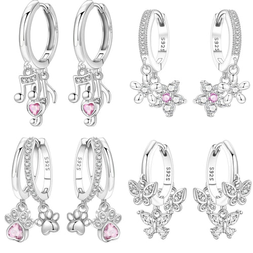 925 Sterling Silver Pink Heart Musical Note Drop Earrings Fashion Jewellery