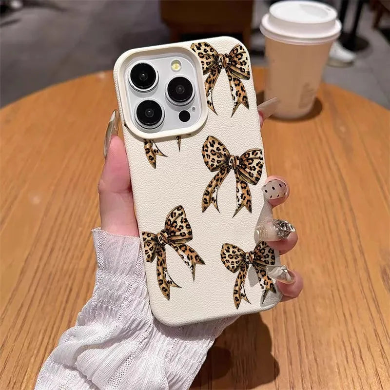 Brown Leopard Bow Lychee Case for iPhone 17 16 15 14 13 Pro Max