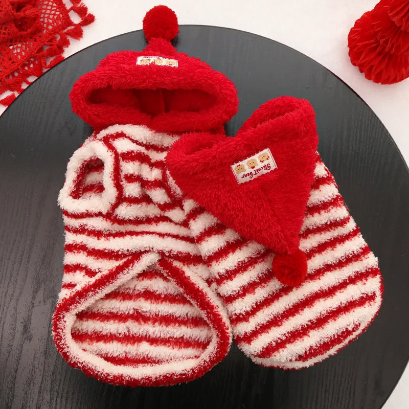 Instagrammable Pet Hoodie, Red Striped Dog Cat Vest, Cute Matching Outfit for Daily Fashion, Cozy Knit Wear with Hood for Puppy
