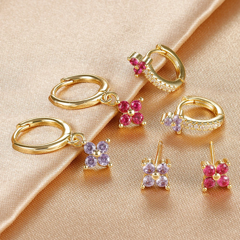 3PCS Fashion Stainless Steel Flower Small Hoop Earrings Set 18K Gold