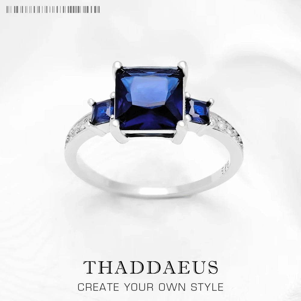 Cocktail Ring Blue White Square Stones 925 Sterling Silver Classic Jewellery