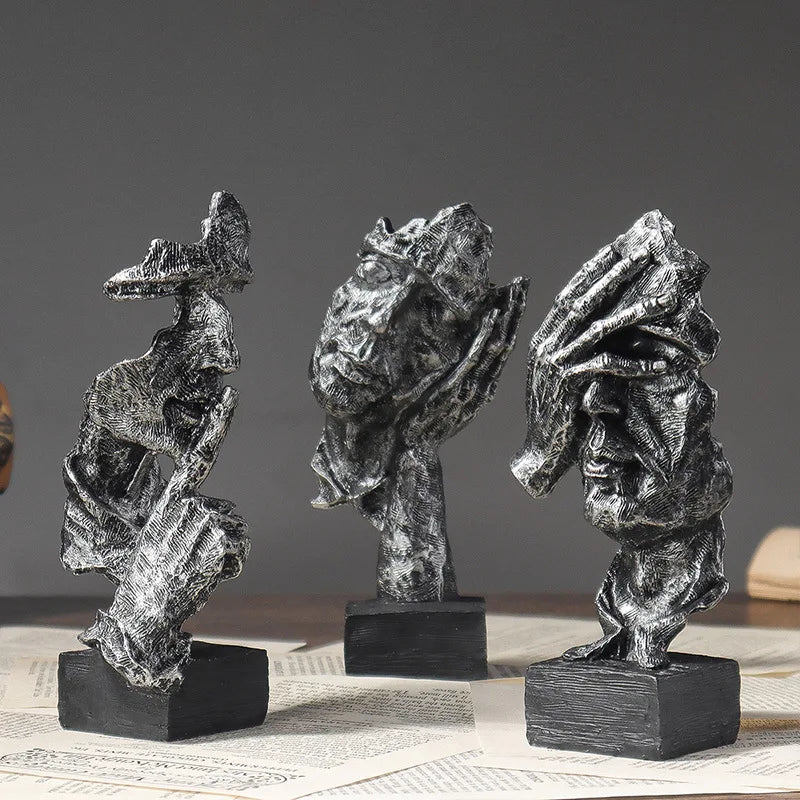 16cm Set of 3 Abstract Sculpture Resin Silence Is Gold Statue Office Bookshelf Object