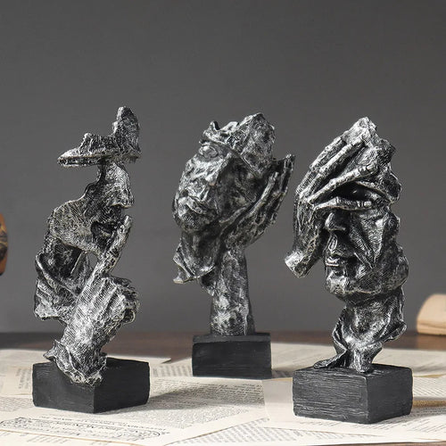 16cm Set of 3 Abstract Sculpture Resin Silence Is Gold Statue Office Bookshelf Object