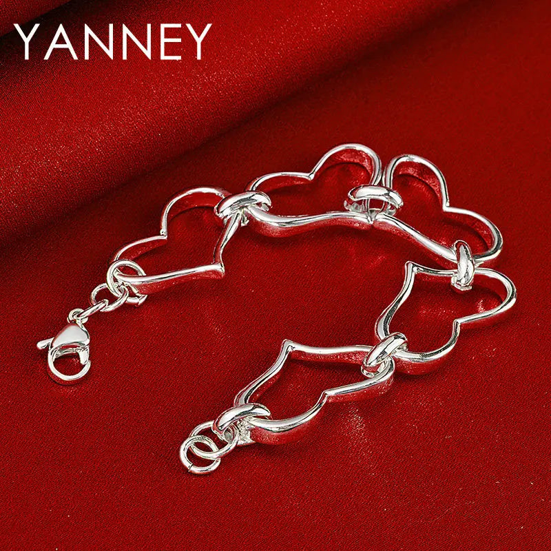925 Sterling Silver 8-inch Heart Bracelet Women Wedding Party Jewellery Gift