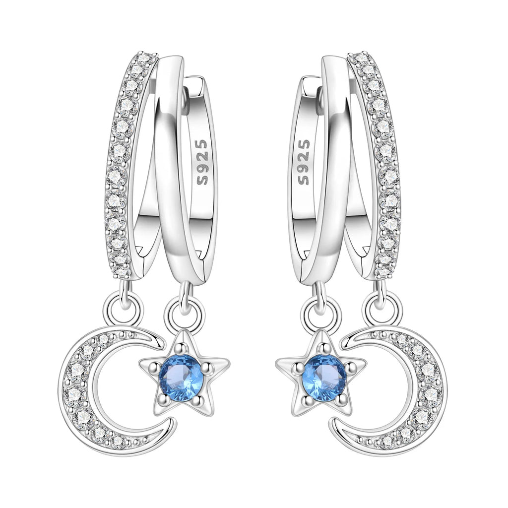 925 Sterling Silver Mysterious Star Moon Versatile Hoop Earrings Women's Gift
