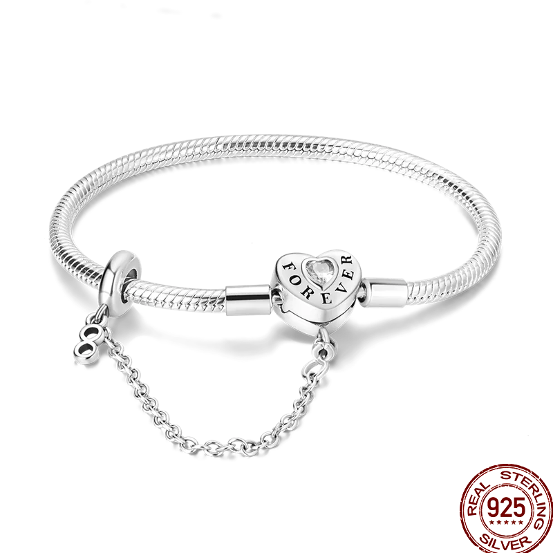 925 Silver 17-20CM Heart Pave Zirconia Original Bracelets Infinity Bracelet Fit DIY Charms Bead Birthday Jewelry Gifts Hot Sale
