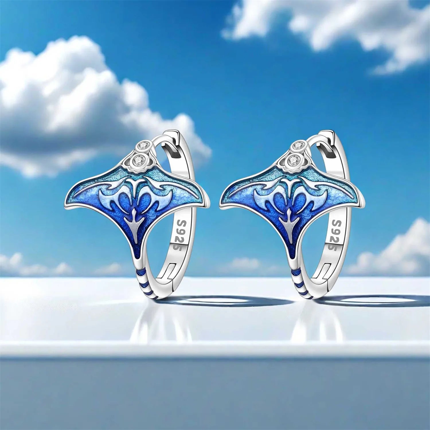 925 Sterling Silver Blue Devil Fish Hoop Earrings Anniversary Jewellery Gift