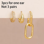 3PCS Stainless Steel Zircon Hoop Earrings Set Gold Colour Piercing