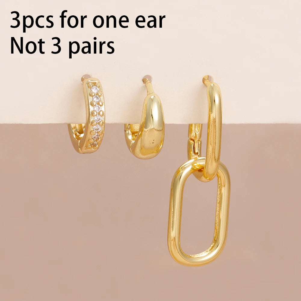 3PCS Stainless Steel Zircon Hoop Earrings Set Gold Colour Piercing