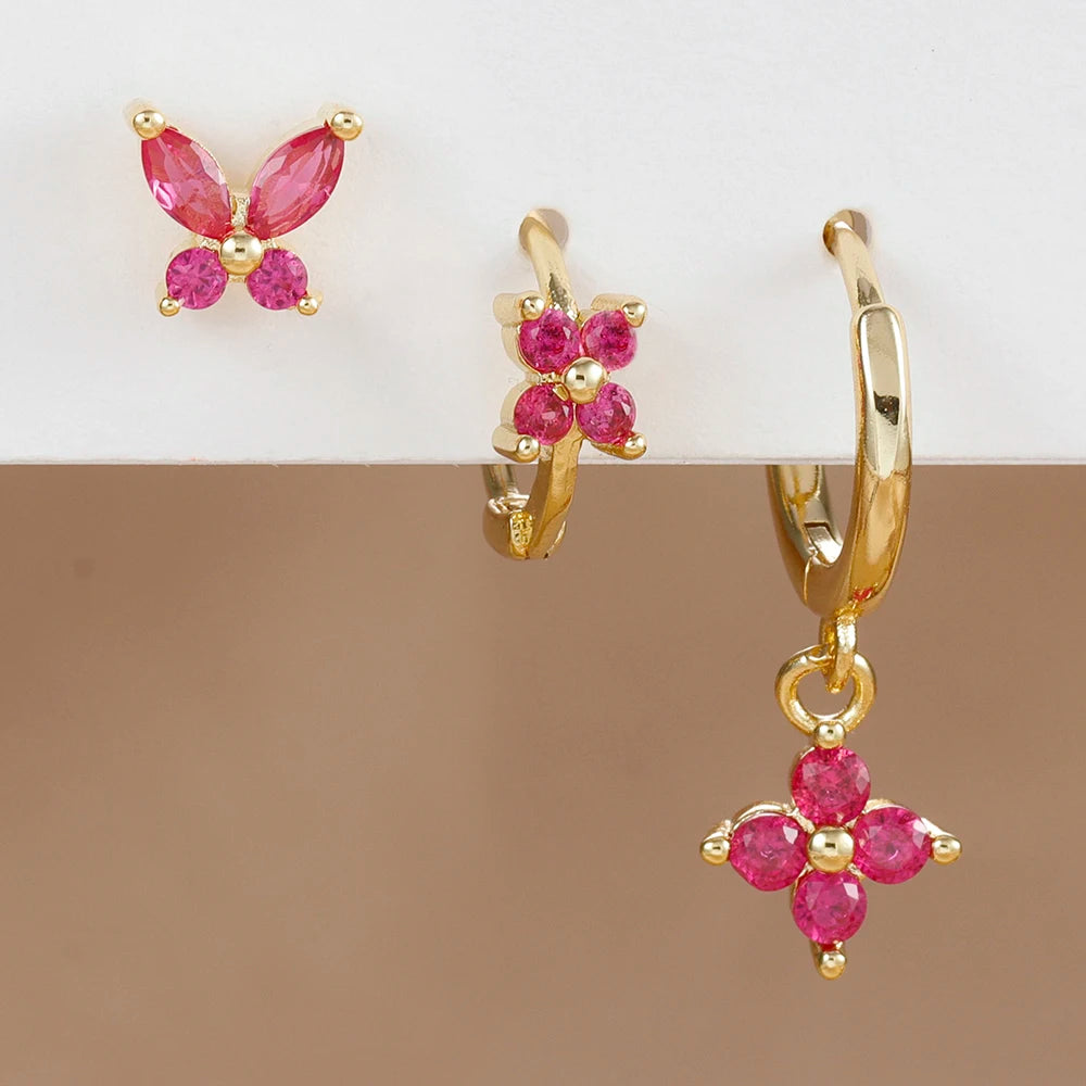 3PCS Stainless Steel Rose Red Zircon Flower Dangle Earring 18K Gold
