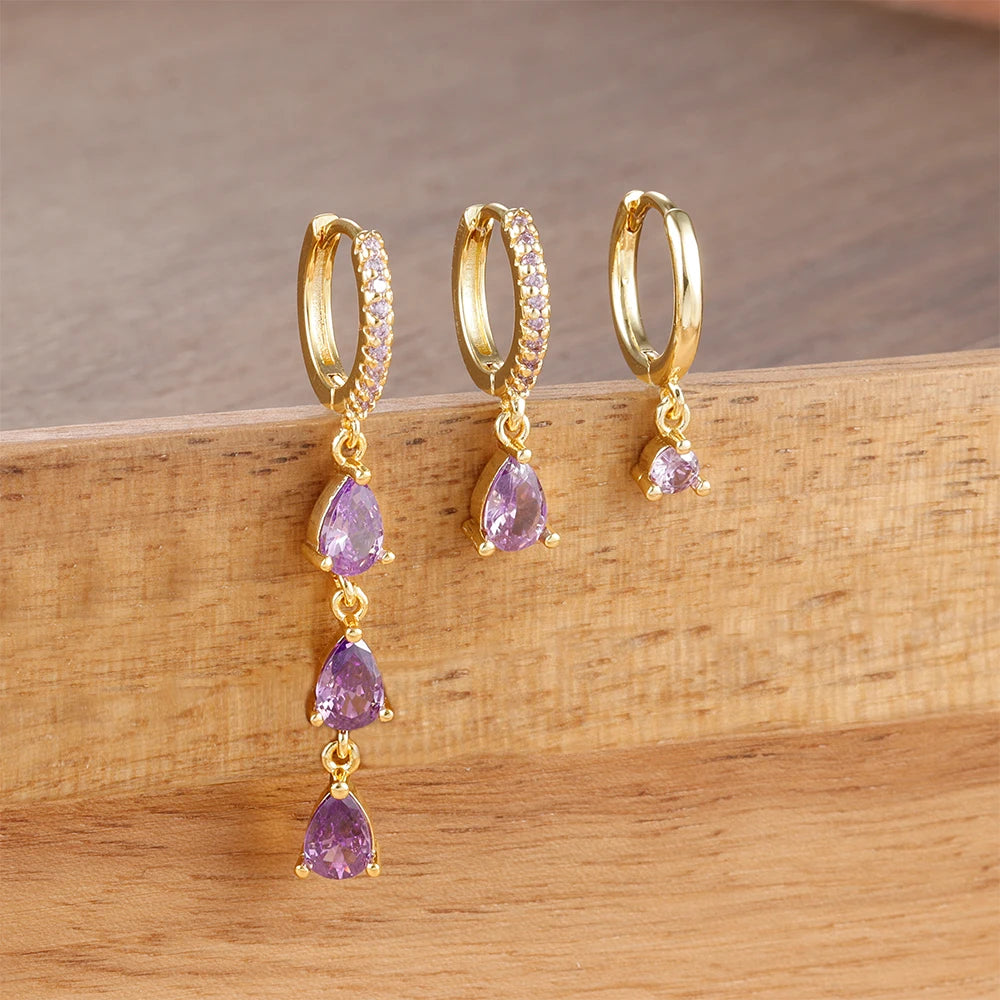 3PCS Exquisite Crystal Zirconia Water Drop Gold Colour Dangle Set