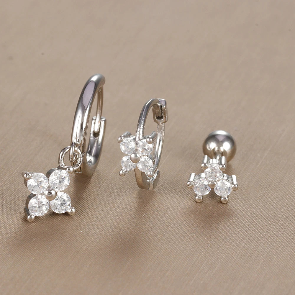 3PCS Vintage Design Four Flower Zircon Hoop Earrings Set Steel