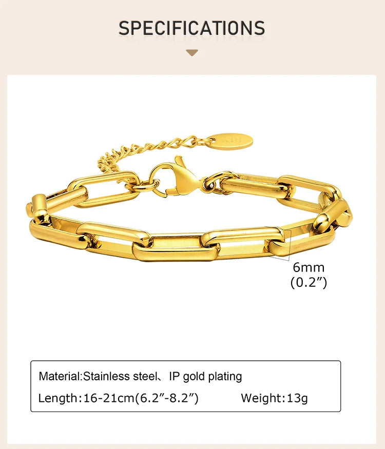 6mm Paperclip Chain Bracelet 18k Gold Plated Stainless Steel Link Adjustable Stackable Jewelry for Women Girls Gift