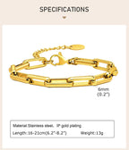 6mm Paperclip Chain Bracelet 18k Gold Plated Stainless Steel Link Adjustable Stackable Jewelry for Women Girls Gift
