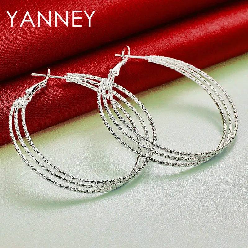925 Sterling Silver 50mm Frosted 3 Circle Hoop Earrings Women Fashion Wedding