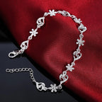 Crystal Heart Flower Chain Bracelet 925 Sterling Silver Romantic Wedding