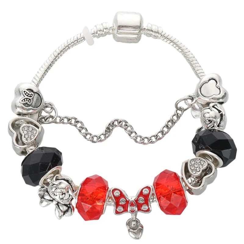 Red Pink Black Crystal Animal Charm Bracelet Heart Mickey Minnie Gift